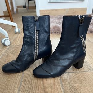 Chloe Navy Leather Double Zipper Ankle Boots Size 38